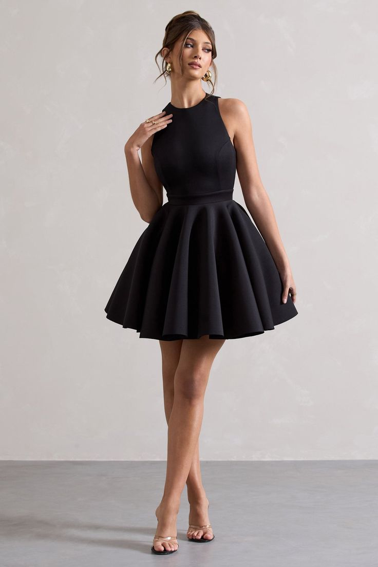 Waverly | Black Racer-Neck Sleeveless Skater Mini Dress Skater Mini Dress, Midi Bridesmaid Dress, Prom Inspo, Club L London, Black Skater Dress, Black Racer, Black Dress Prom, Tie Collar, Strappy Stilettos