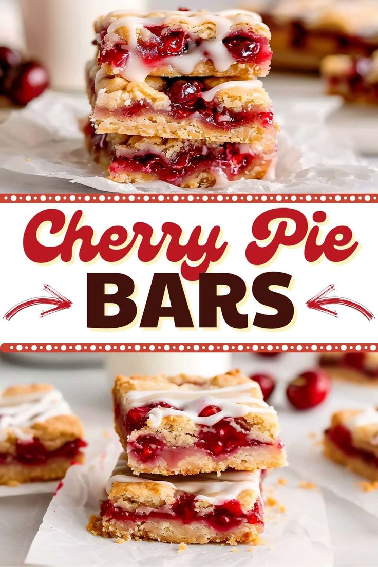 cherry pie bars stacked on top of each other with the words cherry pie bars above them