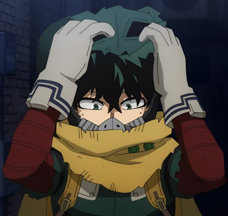 an anime character is covering his face with both hands