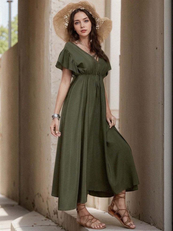 Olivia Mark - Effortless Elegance V-Neck Maxi Dress with Airy Sleeves and Adjustable Waistband Hunter Green, V Neck, Maxi Dress, Green, Dresses, Clothes