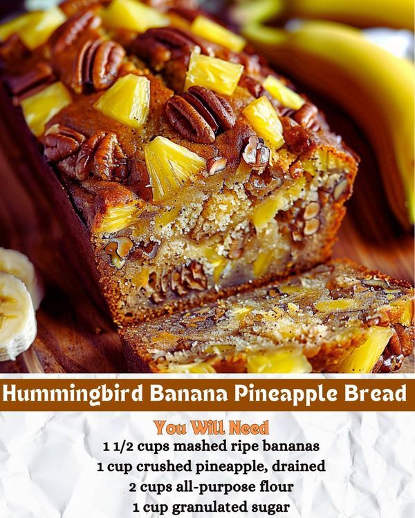 the recipe for hummingbird banana pineapple bread is shown on a cutting board with sliced bananas