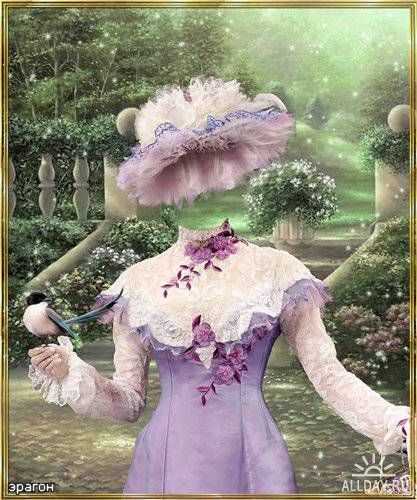 a digital painting of a woman in a purple dress and hat with flowers on it