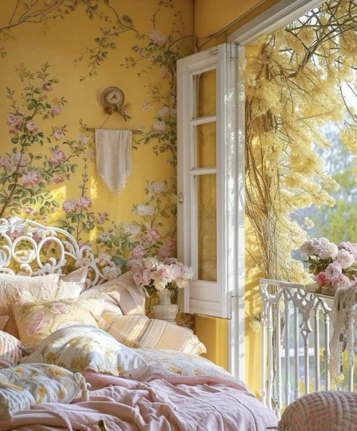 a bedroom with yellow walls and flowers on the wall, bedding is made up