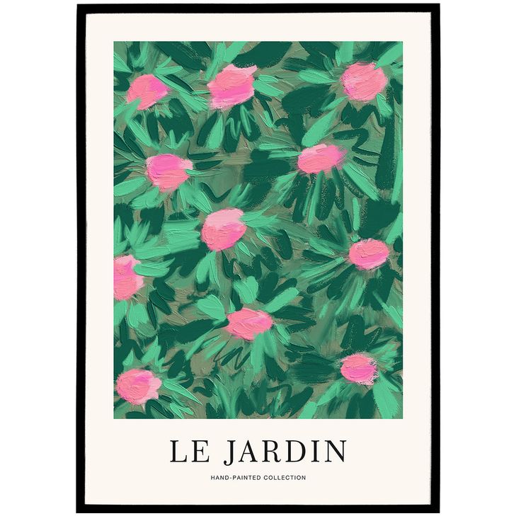 a poster with pink flowers and green leaves on the bottom, in front of a white background