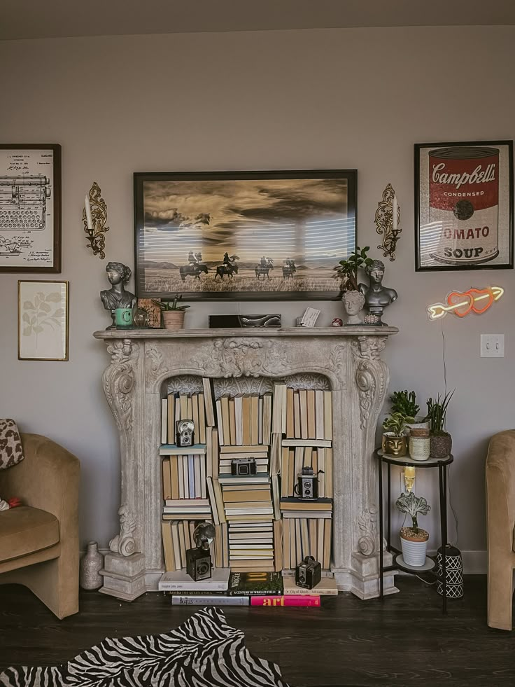 a living room filled with furniture and a fire place covered in lots of bookcases