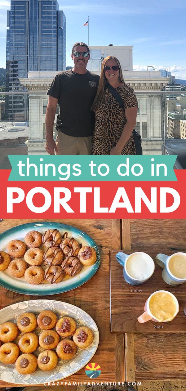 two people standing in front of a table with food on it and the words things to do in portland