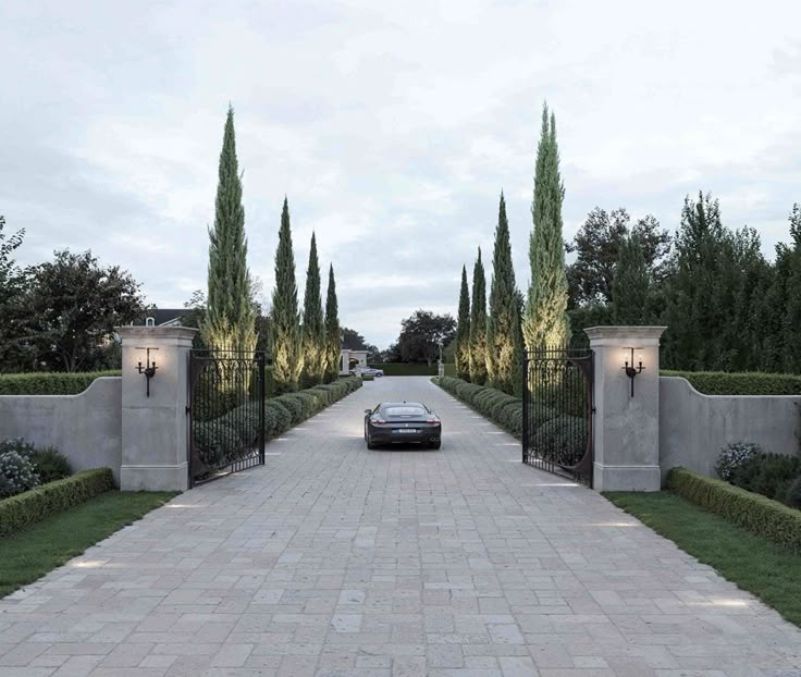 a car is parked in front of a driveway with trees and bushes on either side