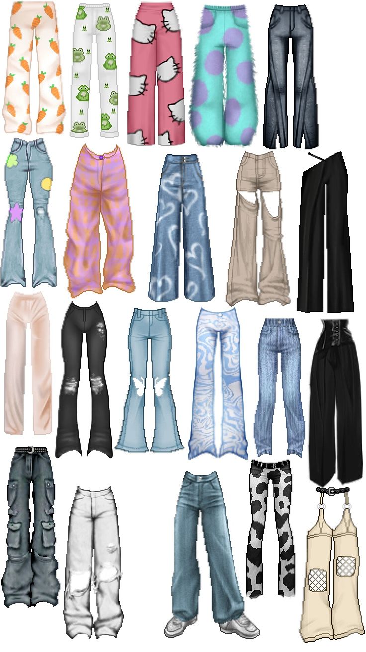 an assortment of different colored pants and leggings for the female character in the video game