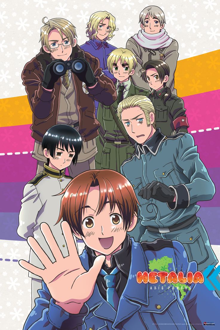 an anime poster with many people in uniform and one is making the vulcan hand gesture