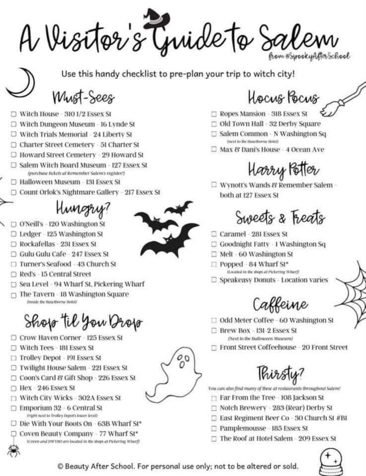 a printable halloween guide to salem with bats and ghost faces on the back ground