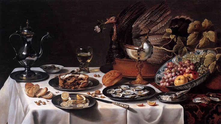 a painting of food on a table next to a wine glass and silver wares