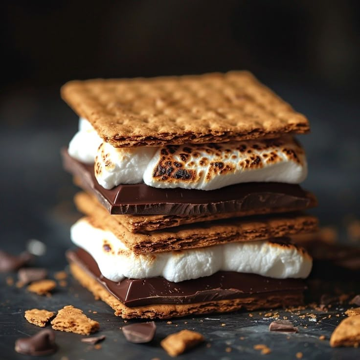 three graham crackers stacked on top of each other with chocolate and marshmallows