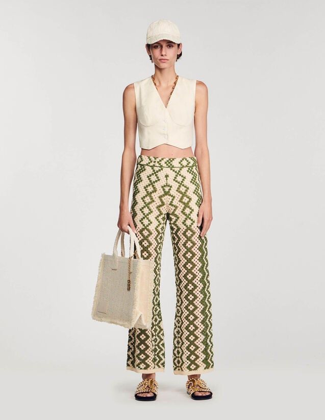 Henrik, Ecru / Olive Green, | sandro-paris.com Knit Trousers, Summer Knits, Crochet Pants, Summer Trousers, Charlotte Chesnais, Sandro Paris, Blazer With Jeans, Tshirt Skirt, Pantalon Large