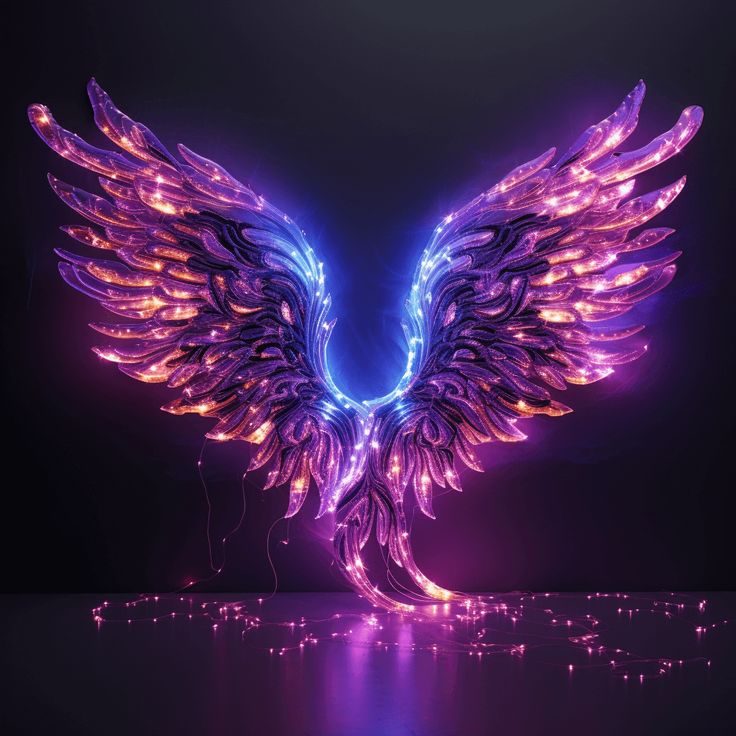 an artistic image of a purple and blue bird with glowing wings