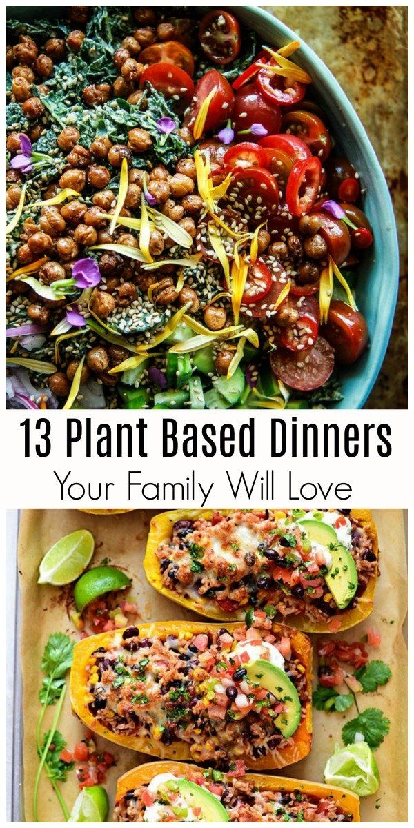 three pictures with different types of food and text that reads 13 plant based dinners your family will love