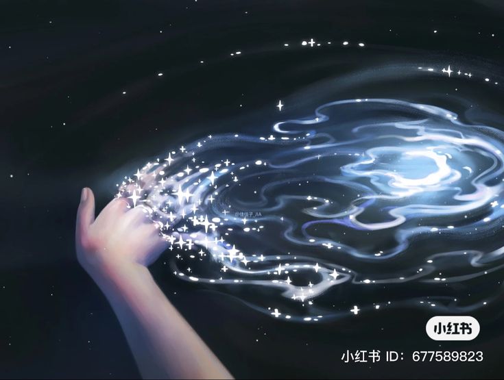 a person's hand reaching for something in the water with stars and bubbles on it