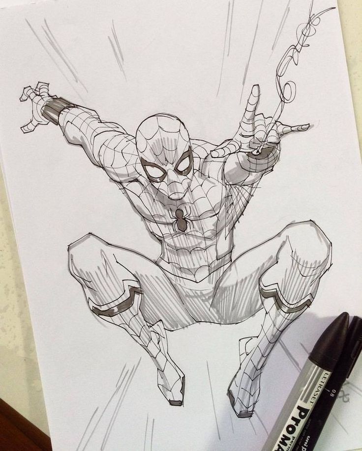 a drawing of spider - man flying through the air with his arms out and hands in the air