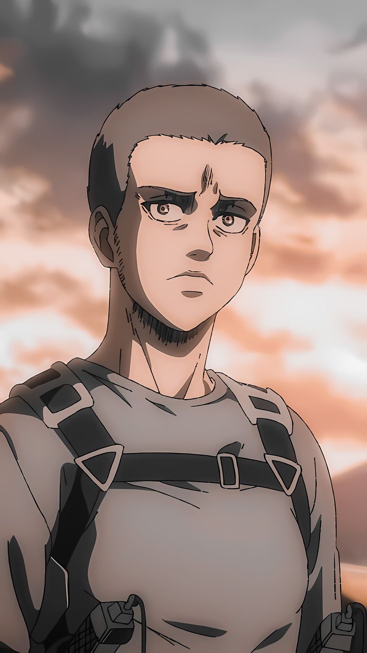 an anime character is standing in front of the sky with his eyes open and looking at the camera