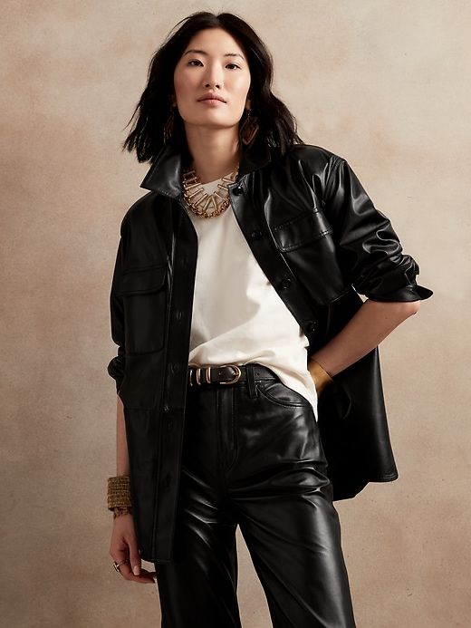 Oversized Leather Shirt Jacket | Banana Republic Banana Republic Leather Jacket, Oversized Leather Shirt Outfit, Leather Shirt Jacket Outfit, Leather Jacket Drawing Reference, Black Leather Shirt Outfit, Monster Ocs, Camisa Grande, Leather Shirt Outfit, Shirt Jacket Outfit