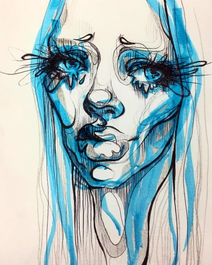 a drawing of a woman's face with blue hair