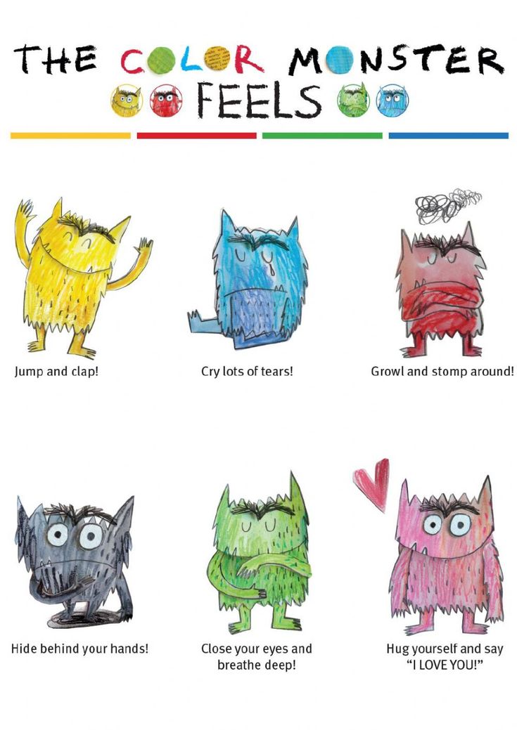 the color monster feels book cover with different colors and shapes, including two monsters on each side