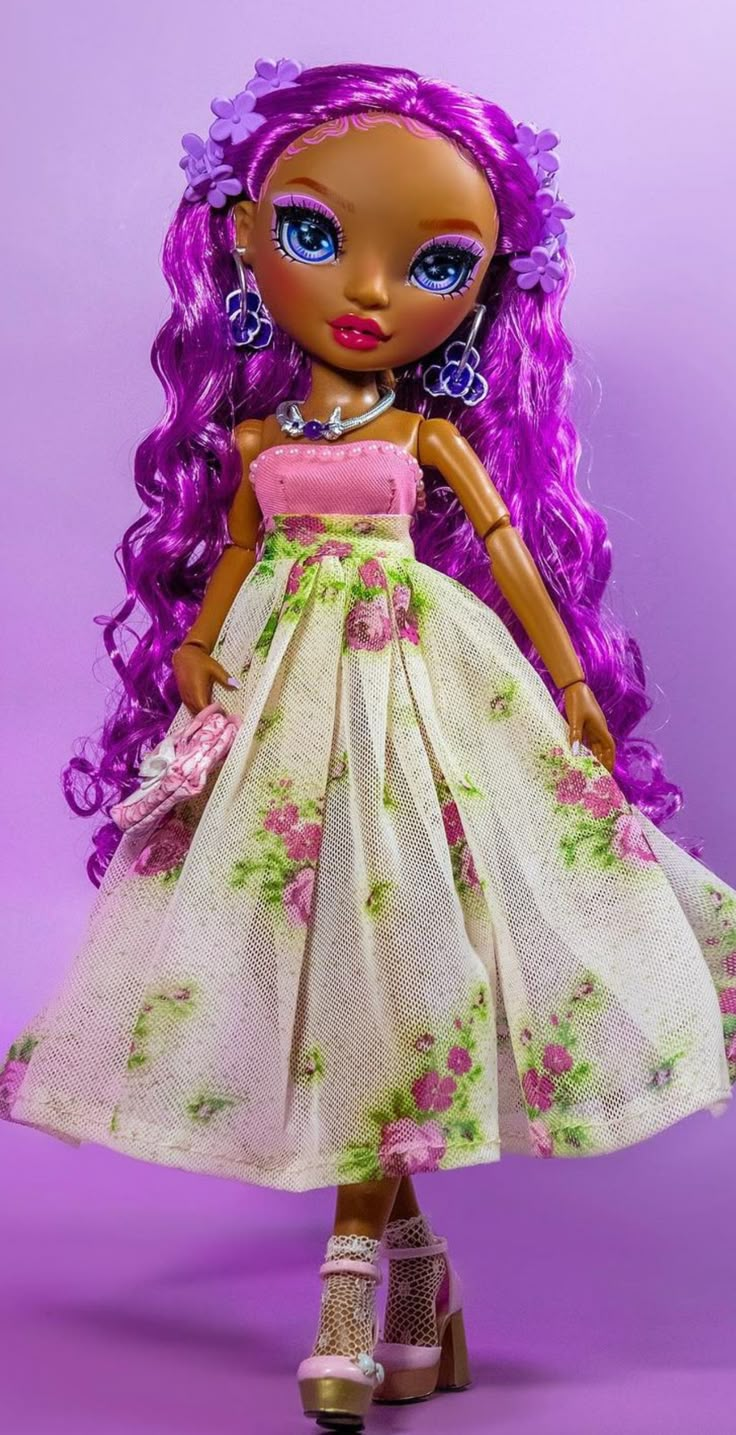 a doll with purple hair wearing a dress and high heeled shoes on a purple background