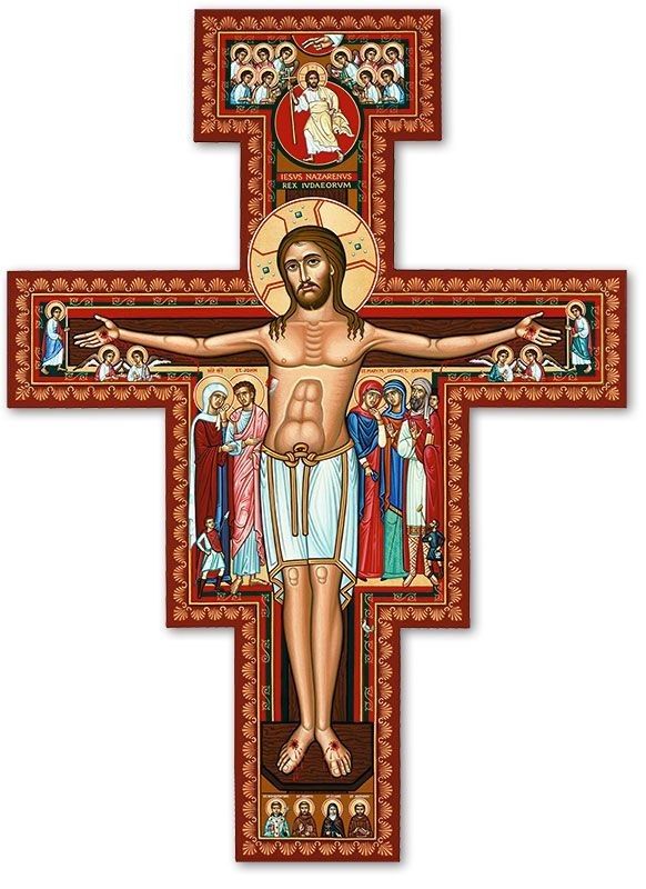 the crucifix with jesus on it is shown in red and gold colors