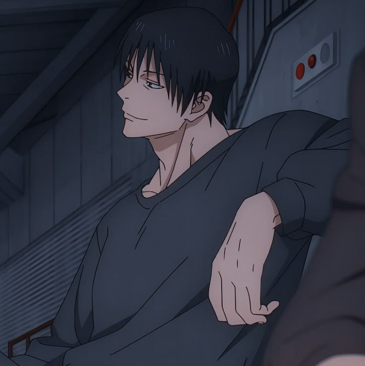 a man sitting down with his arm around another person's shoulder in an anime scene