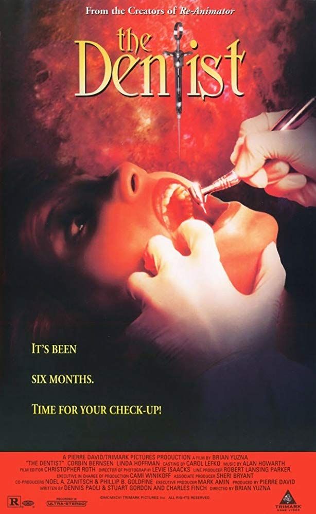 a movie poster for the dentist with a woman getting her teeth brushed by an adult