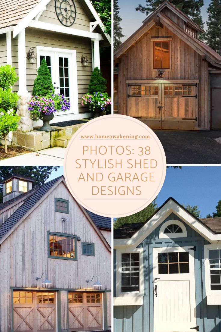 several photos of different styles and sizes of garages with the words photos 3 / 8 stylish shed and garage designs