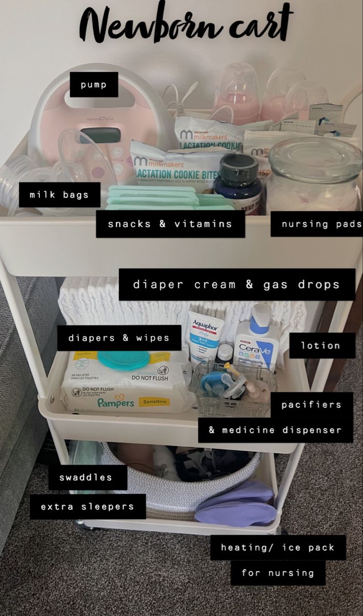 the contents of a baby's diaper cart labeled in black and white text