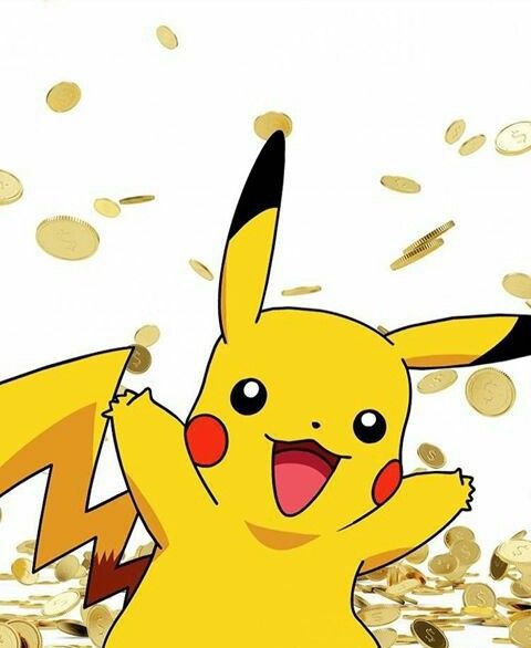 the pikachu is throwing gold coins into the air with his eyes wide open