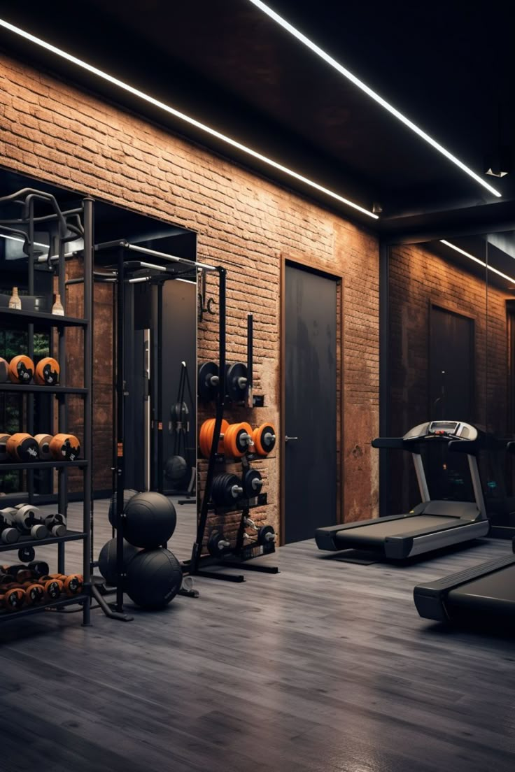 mini gym at home ideas mini home gym small home gym ideas Home Gym Layout, Commercial Gym Design, Luxury Home Gym, Home Gym Inspiration, Garage Gym Ideas, Pilates Cardio, Gym Lighting, Dream Home Gym, Small Home Gym