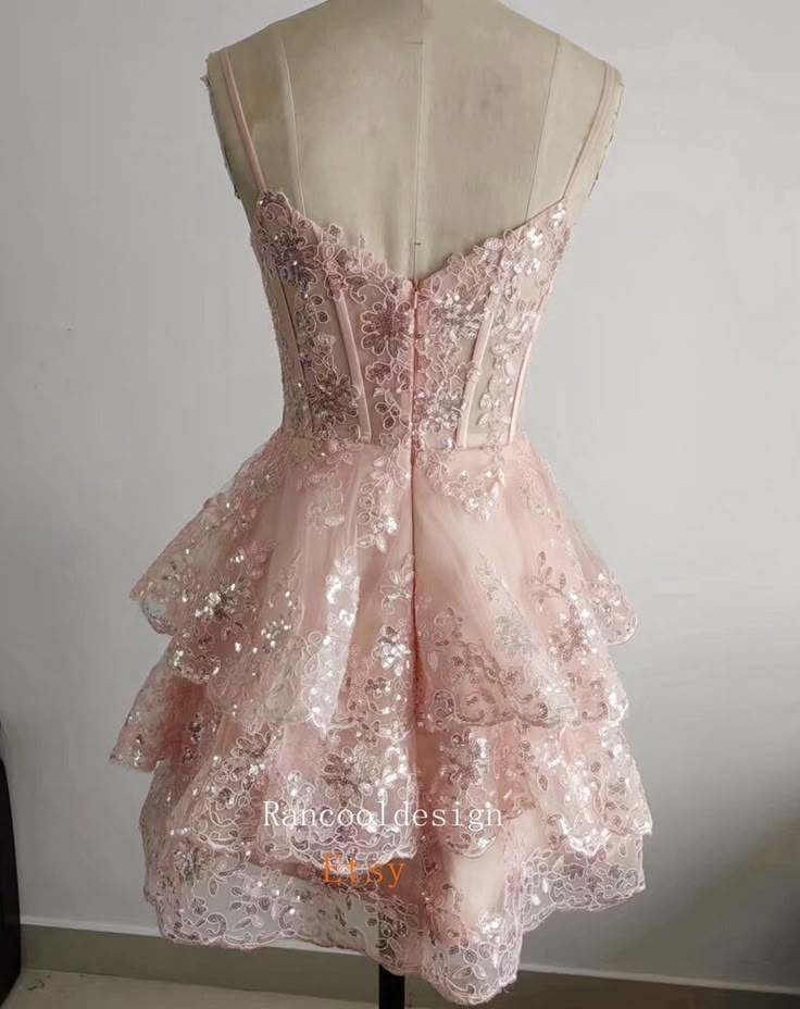 Blush Lace Wedding Receiption Dress Homecoming Dress HOCO - Etsy Cream Dress Formal Short, Fairytale Mini Dress, Semi Formal Dresses High School, Enchanted Garden Hoco Dresses, Rapunzel Homecoming Dress, Pink Mini Dress With Fitted Bodice For Wedding, Light Pink Dama Dresses, Fitted Bodice Banquet Dress With Ruffles, Fitted Bodice Dress With Ruffles For Banquet