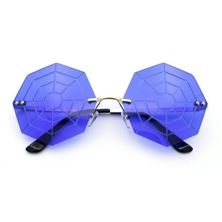 Super funky dark sunglasses for your goth lovers! Unique spider web engraved octagonal lens rimless sunglasses. Perfect for halloween season. Comes in various fun color lenses. Made with premium 100% UV400 polycarbonate lenses and adjustable English style nose pads. (c455) Size: 5 11/16" (145mm) x 2 1/2" (62mm).  Color: Gold.  Gender: female.  Age Group: adult. Spider Web Fashion, Gothic Halloween Party, Third Eye Sunglasses, Fun Sunglasses, Bling Sunglasses, Dark Sunglasses, Party Sunglasses, Plastic Sunglasses, Bright Winter