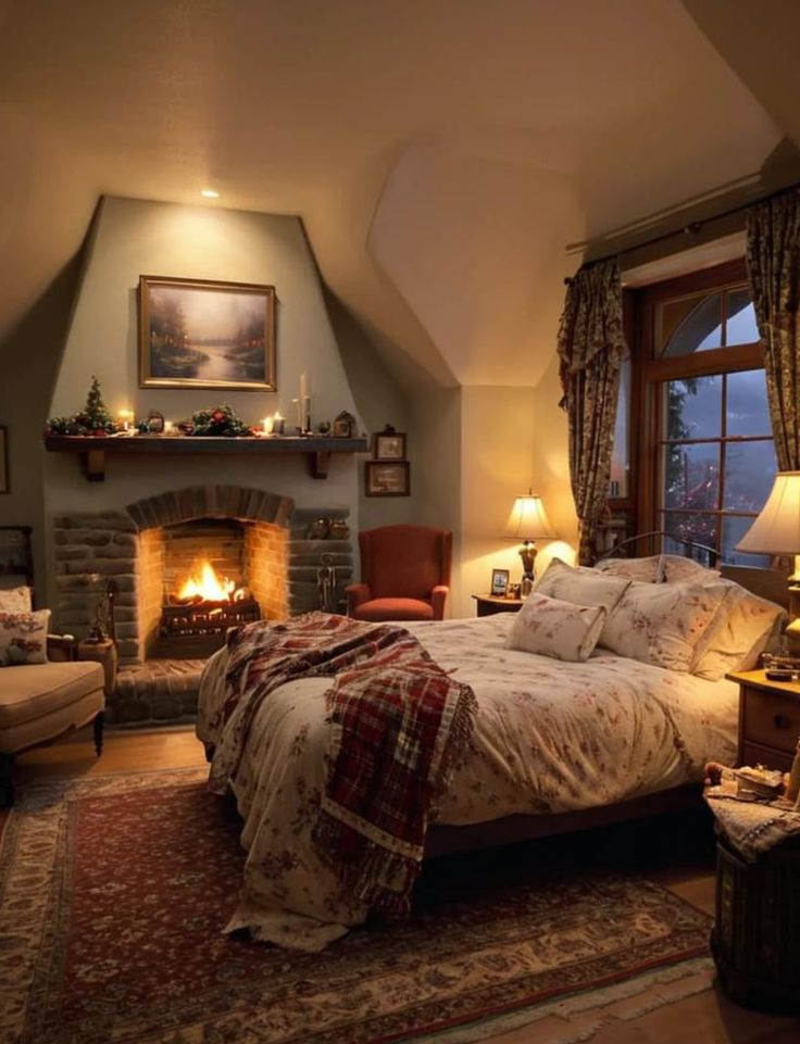 a bedroom with a bed, chair and fireplace in the corner is lit by two lamps