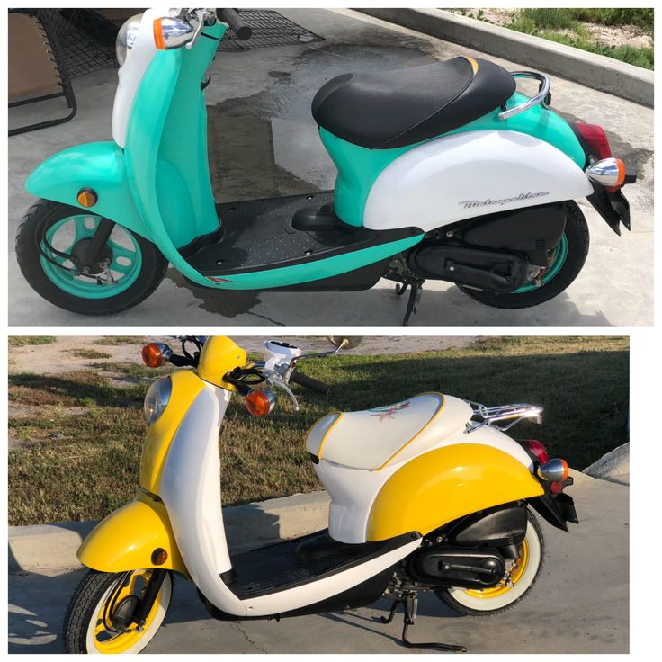 two pictures of the same motor scooter in different colors and sizes, one is yellow