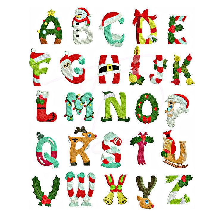 the letters and numbers are decorated with santa claus's hats, holly wreaths, and stockings