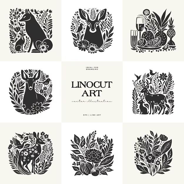 the linout art logo is shown in black and white, with various images of animals