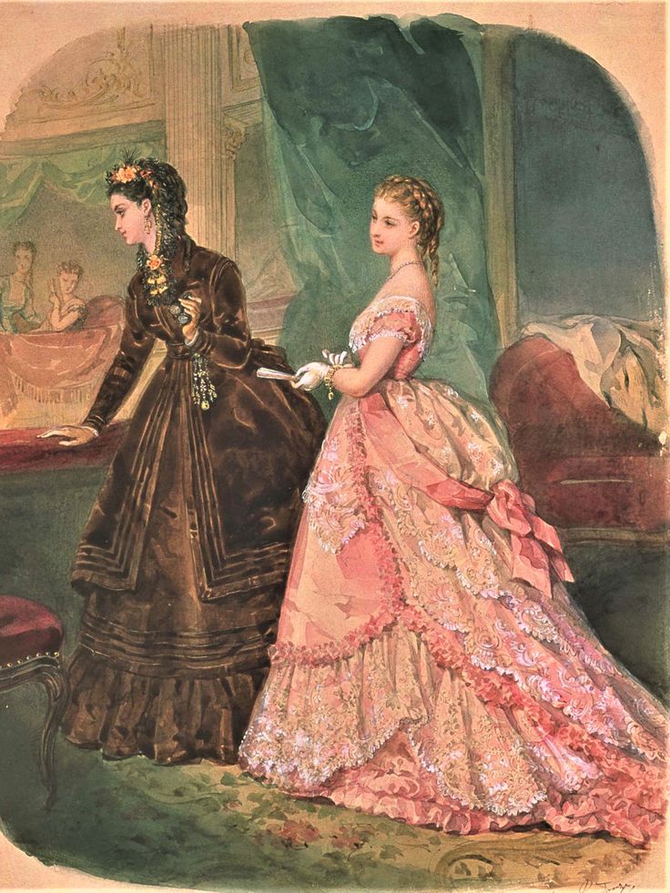 two women in dresses standing next to each other, one wearing a tiara and the other looking down