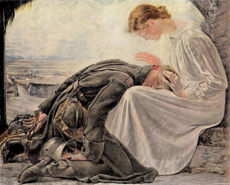 a painting of a woman laying on the ground next to a man who is kneeling down