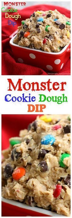 monster cookie dough dip recipe in a red dish