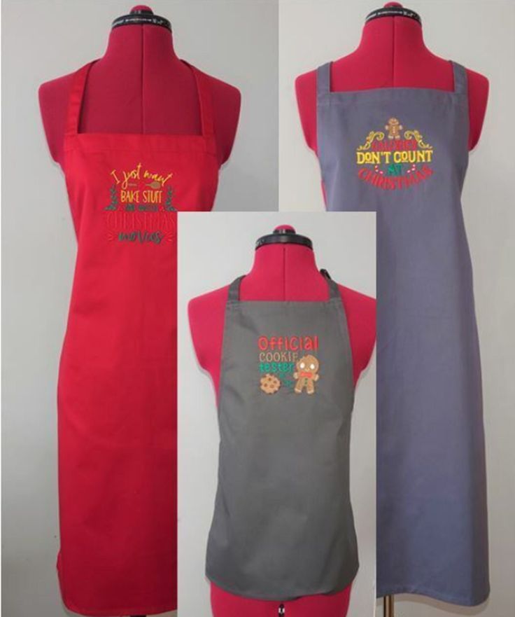 three aprons with different designs on them, one is red and the other is grey