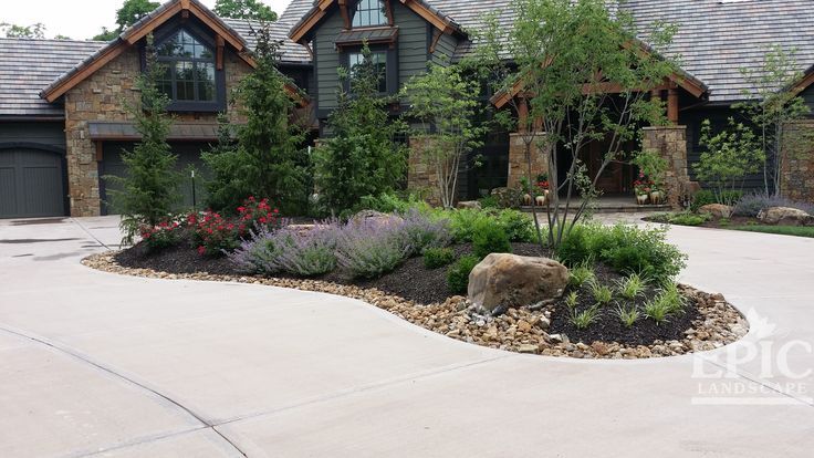 An open airy tree (foreground) won't block view of house and might add just the right amount of interest and height. (The taller evergreens in background kind of block the house.) Circle Driveway Landscaping, Driveway Landscape, Acreage Landscaping, Epic Landscape, Circle Driveway, Evergreen Landscape, Seeing Is Believing, Landscaping With Boulders, Ranch Exterior