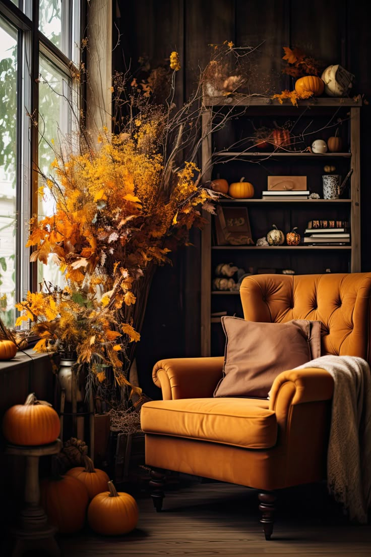 an orange chair and some pumpkins in a room