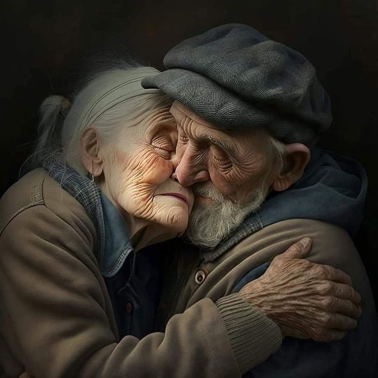 an old man and woman hugging each other in front of a dark background, with one holding the back of his head