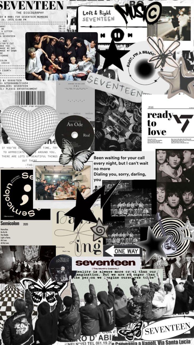 the collage is made up of many different things in black, white and grey