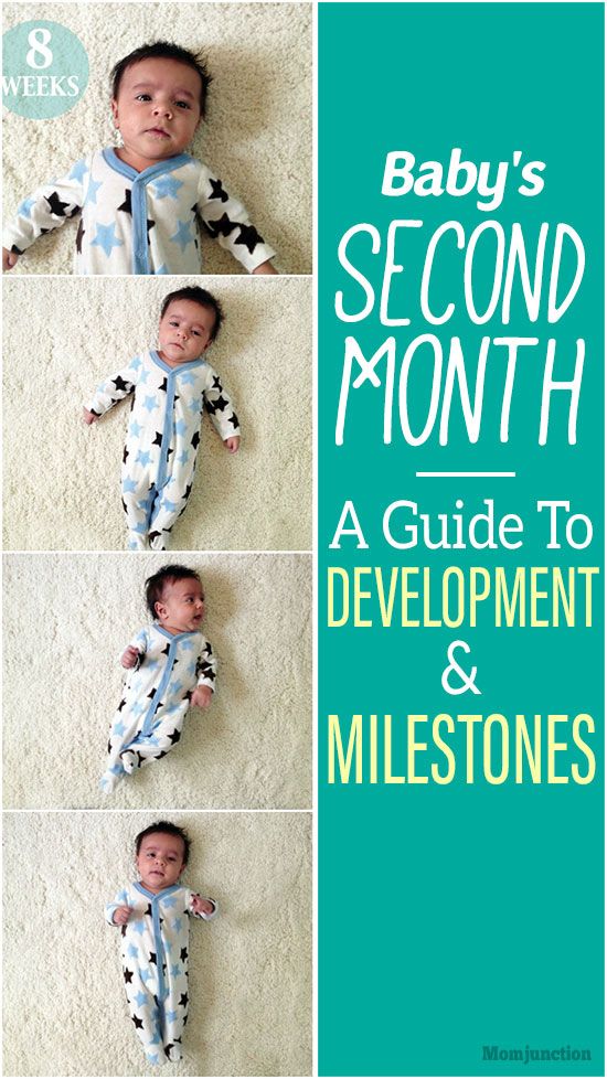 the baby's second month guide to development and milestones is shown in four pictures