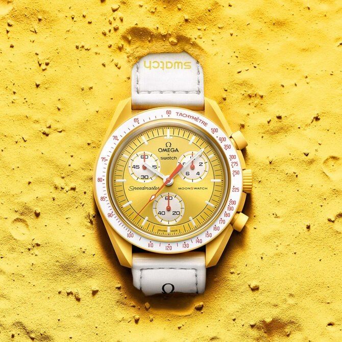 Brand New Never Used!! Mission To The Sun This Star Of The Show In Bright Sun Yellow Has A Sophisticated Sun-Brushed Style Dial And White Velcro Strap. The Chronograph Seconds Hand, Subdial Hands And Tachymeter Scale Are In Orange. The Subdials And Bezel Background In White. All Dials Carry The Omega X Swatch Branding, As Well As The Iconic Speedmaster Logo And The New Moonswatch Logo. The Glass Construction, The “Hidden” S Integrated In The Center Of The Crystal, The Fine And Sophisticated Circ Mission To Mercury, Swatch Store, Omega X Swatch, Omega Speedmaster Moonwatch, Moon Watch, Speedmaster Professional, Moon Missions, Couple Watch, Omega X