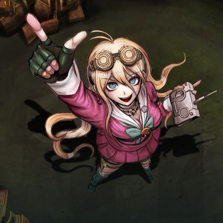 a cartoon girl with long blonde hair and goggles pointing to the side while standing in front of a pile of boxes